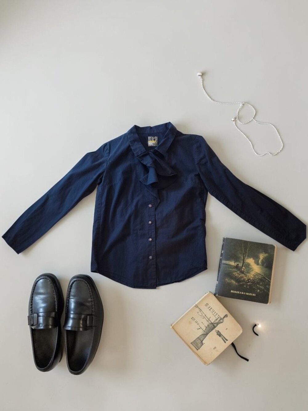 Herbench Navy Tie Neck Cotton Button Blouse Small